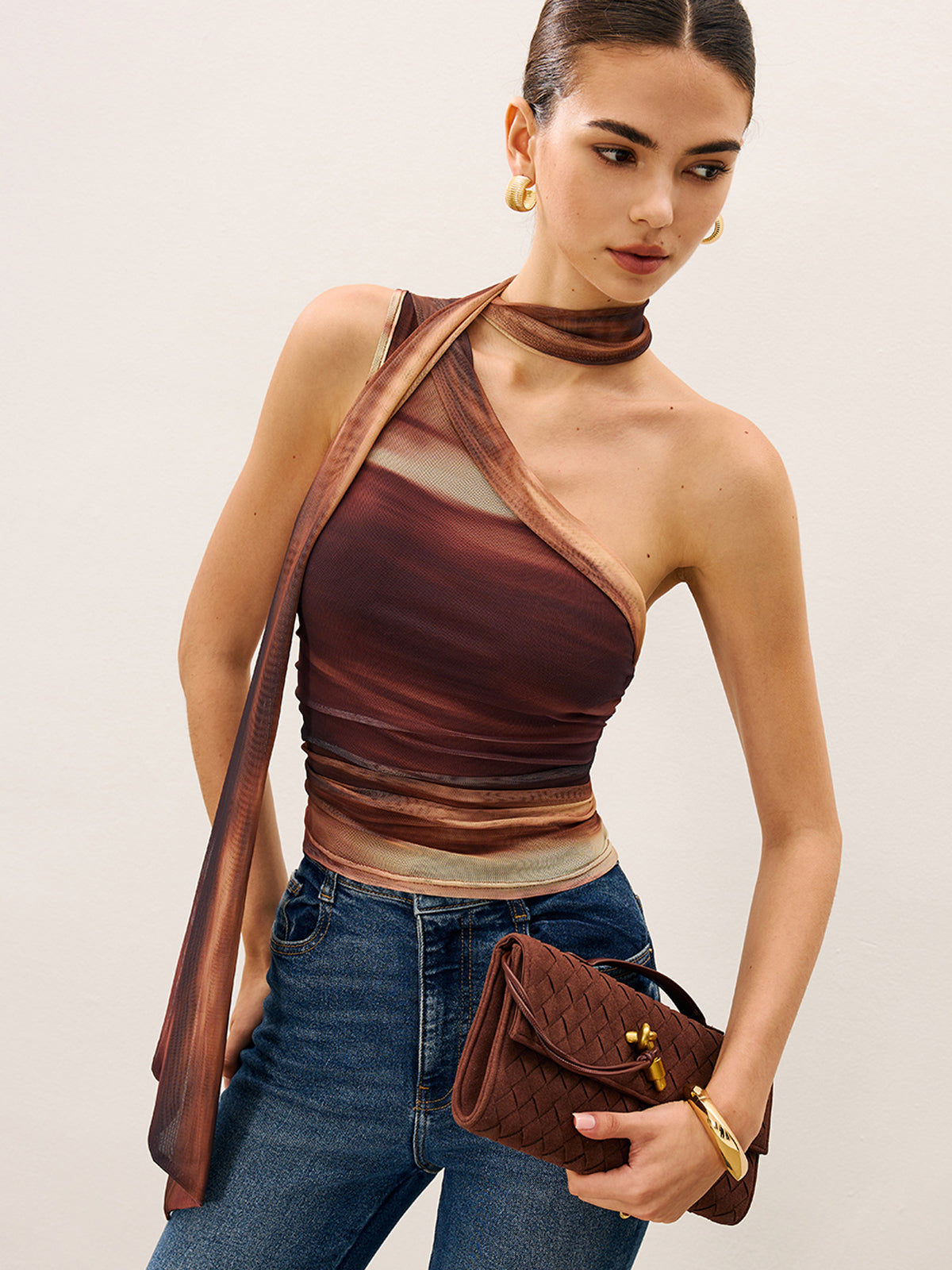 File Kumaş Kolsuz Üst Kahverengi Tek Omuz