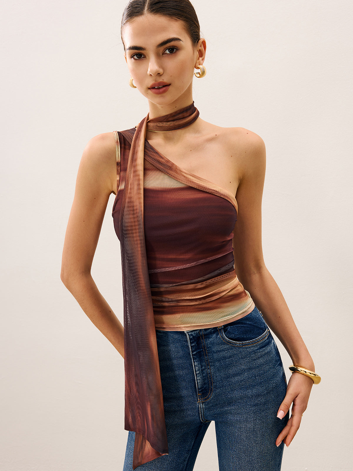 File Kumaş Kolsuz Üst Kahverengi Tek Omuz