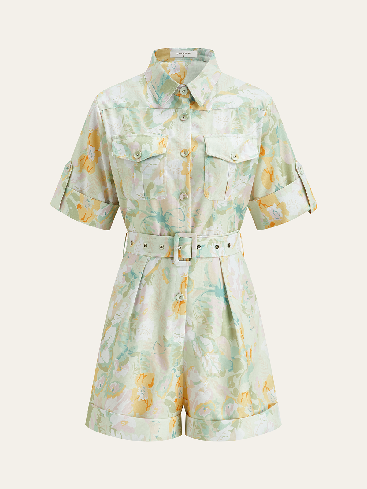 Cep Detaylı Çiçekli Tulum Kemerli Kısa Kollu Çok Renkli