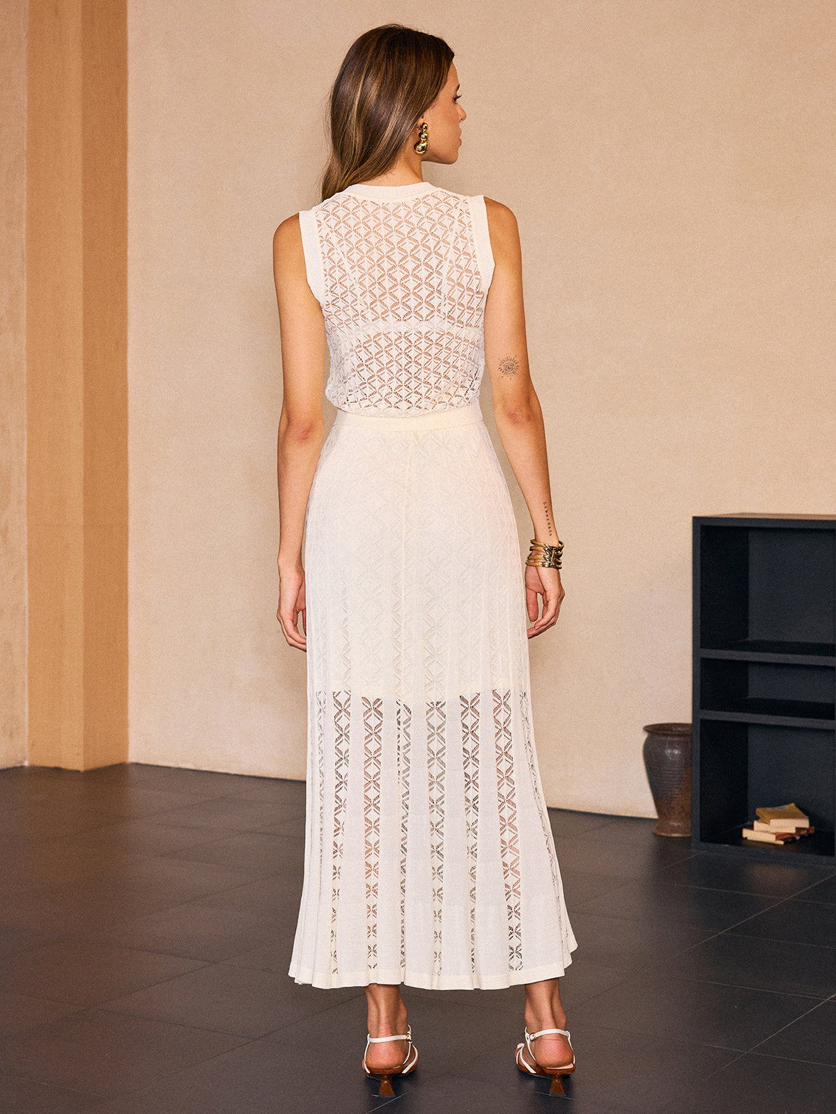 Kolsuz Jakarlı Örgü Etek Takımı Ekru Elastik Bel