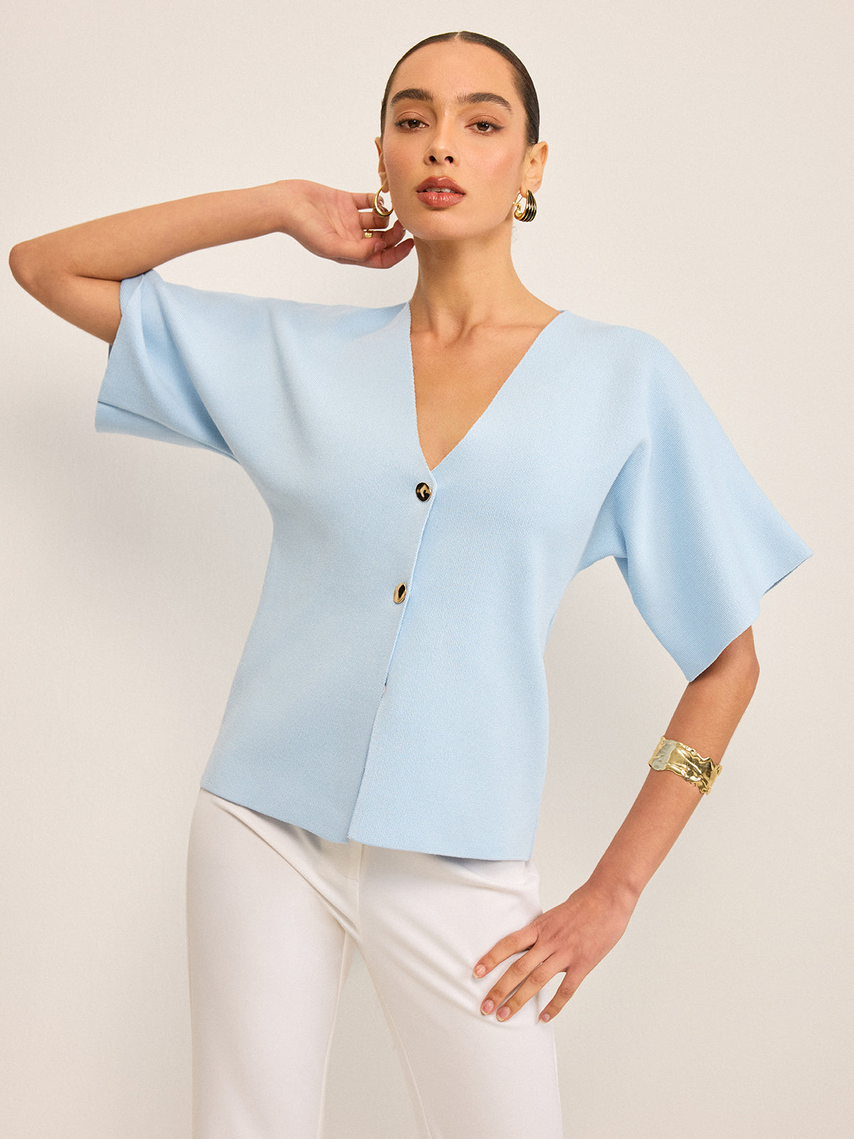 V Yaka Düğmeli Örgü Hırka Açık Mavi Kısa Kol