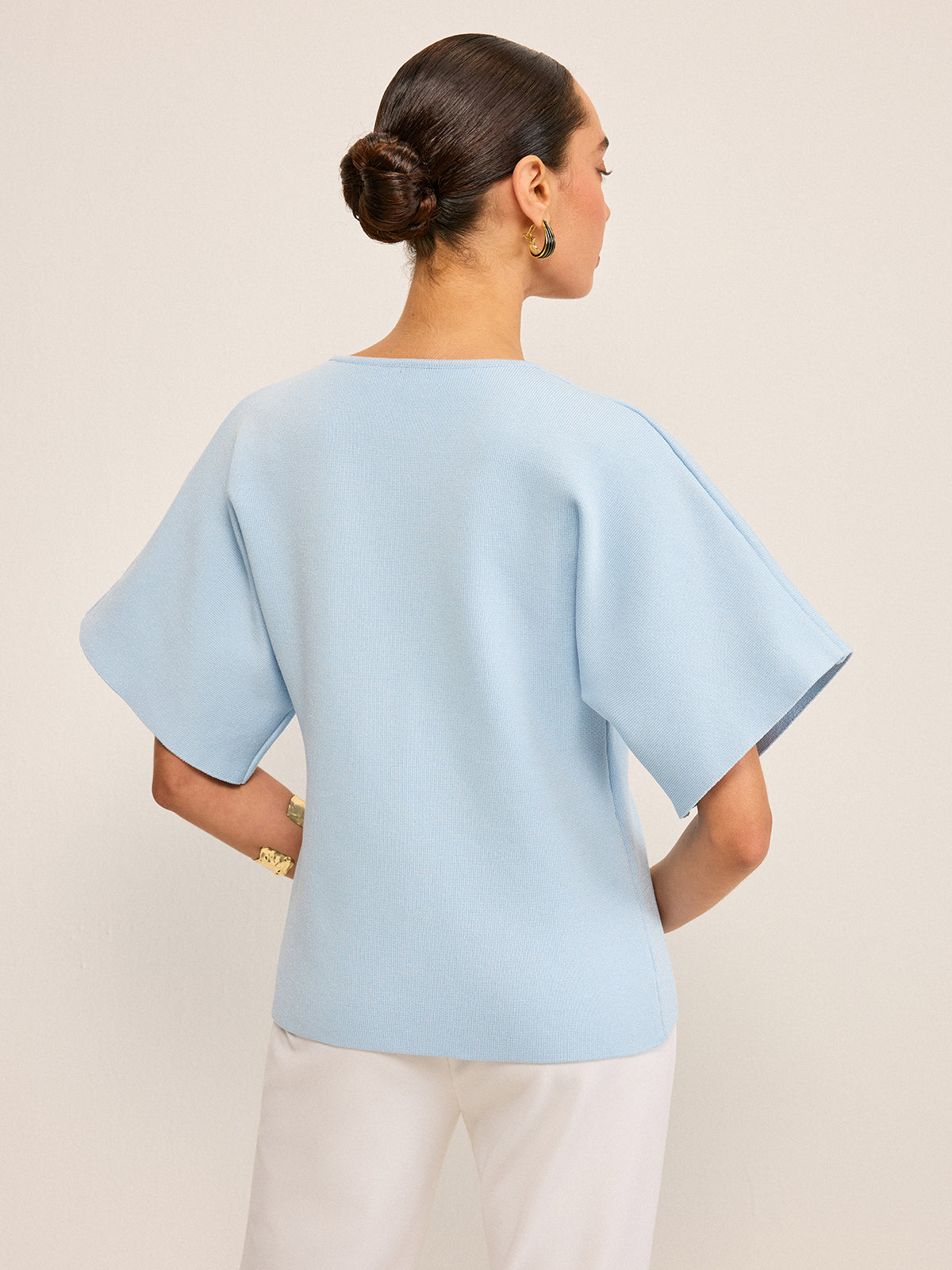 V Yaka Düğmeli Örgü Hırka Açık Mavi Kısa Kol