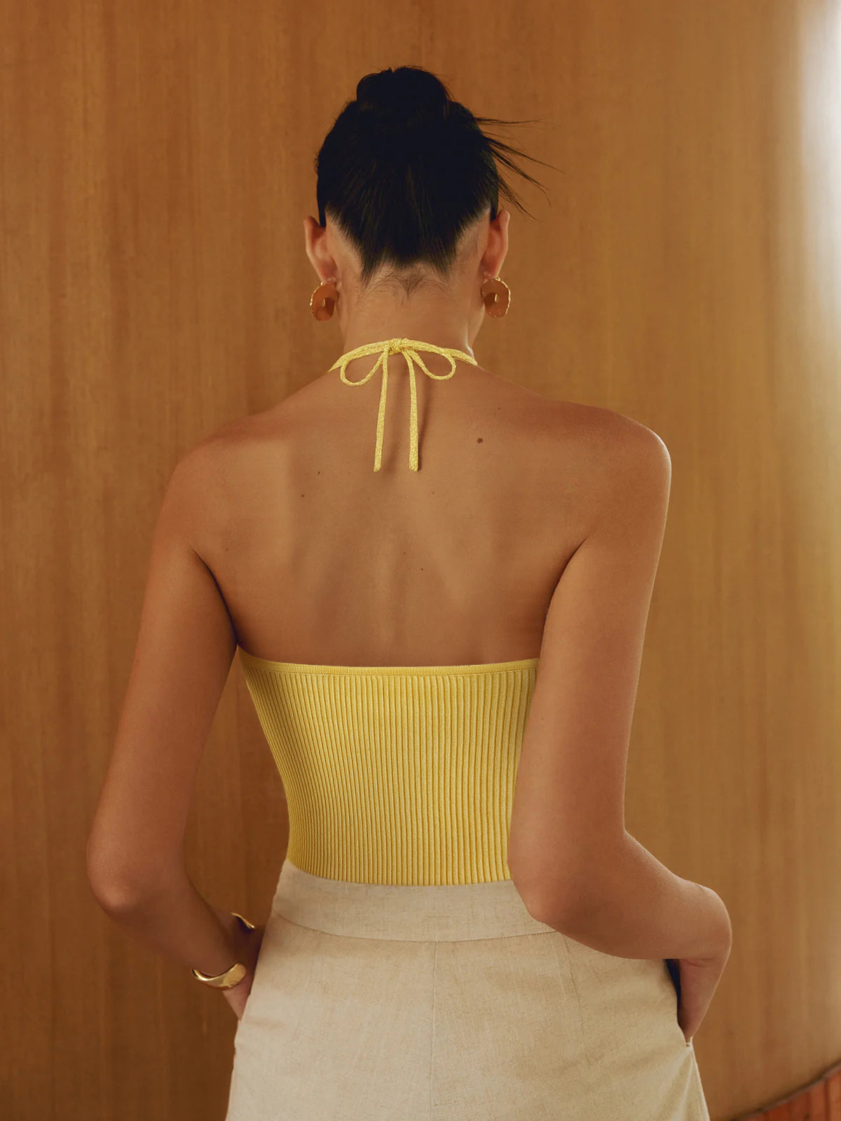 İntarsiyalı Örgü Askılı Kısa Kesim Üst Sarı