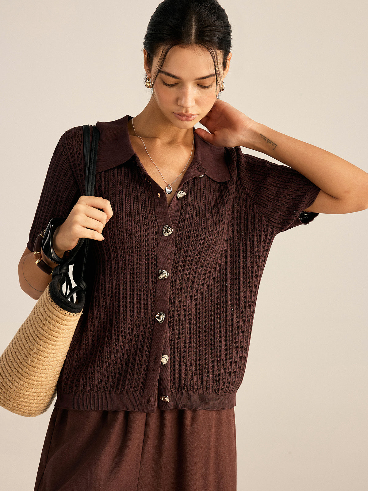 Kemikli Örgü Polo Yaka Hırka Kahverengi Regular Fit