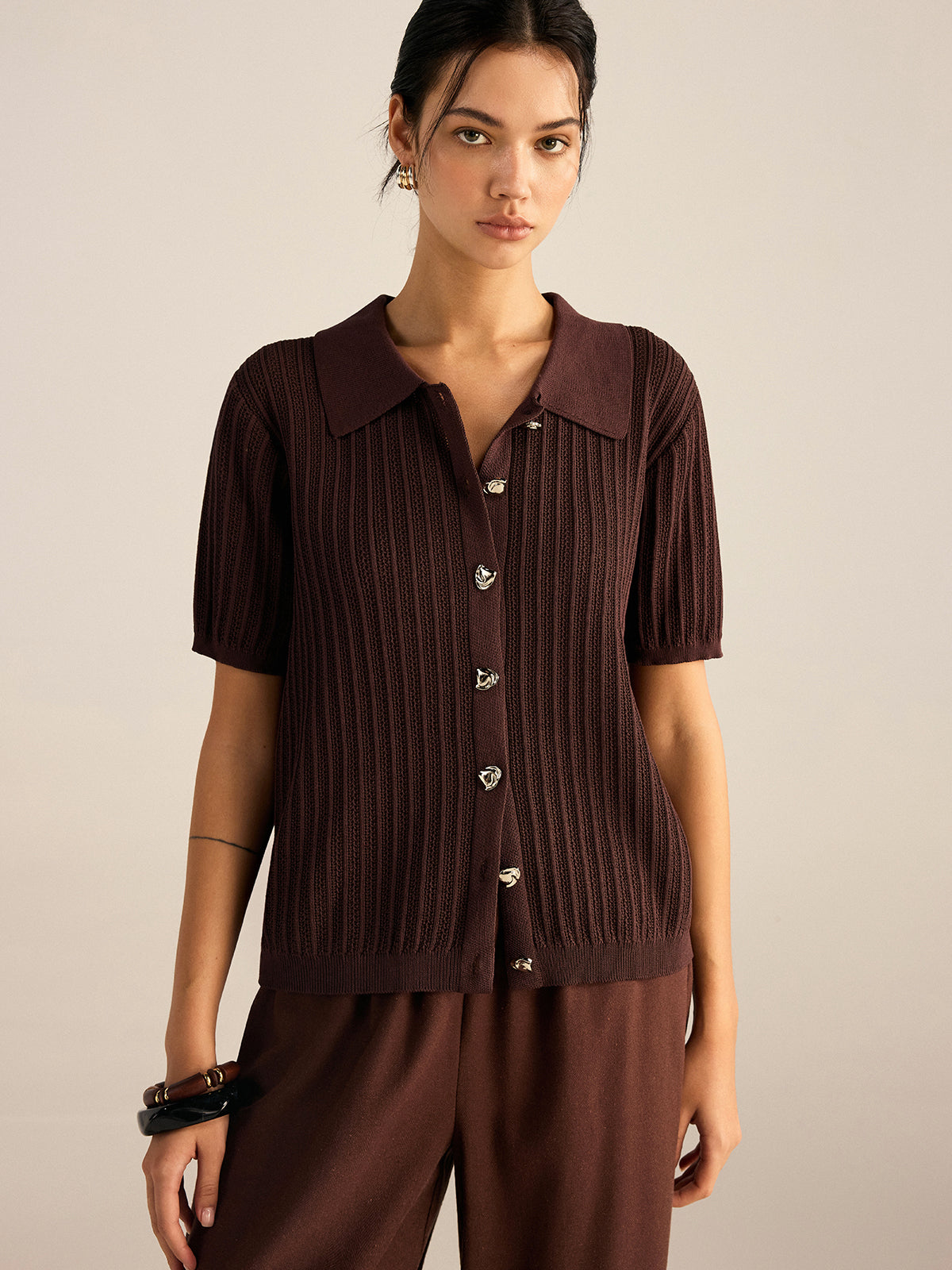 Kemikli Örgü Polo Yaka Hırka Kahverengi Regular Fit