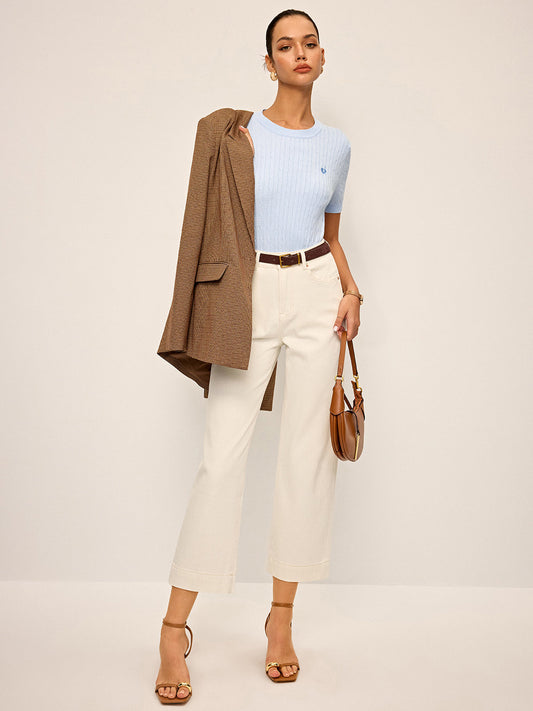 Kalp İşlemeli Yüksek Yaka Kablolu Örgü T-shirt