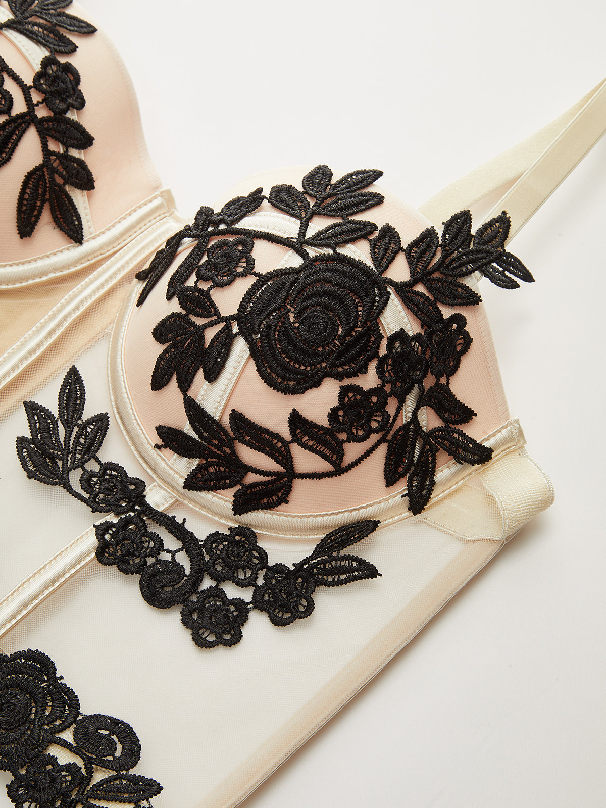 Çiçek İşlemeli File Korse Üst Ekru Yarı Saydam