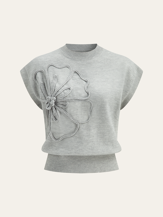 Çiçek Appliğe Kap-Sleeve Örgü Üst