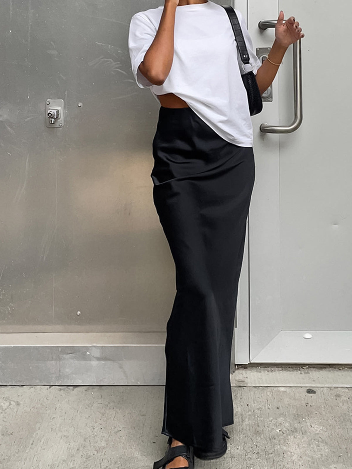 Saten Maxi Etek Siyah Yüksek Bel Utility
