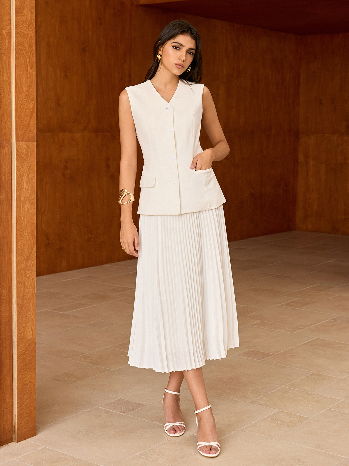 Askısız Düğmeli Yelek Beyaz V Yaka