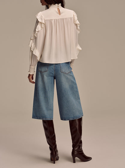 Ortbel Bölüm Bol Paça Kot Pantolon Kemersiz