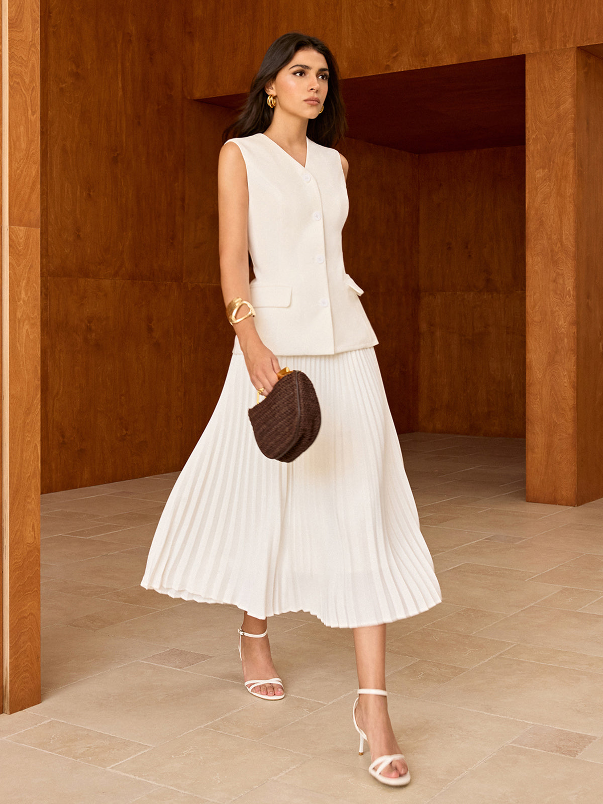 Askısız Düğmeli Yelek Beyaz V Yaka