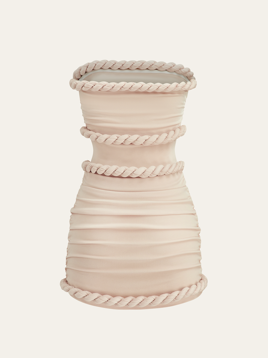 Örgülü İp Detaylı Korse Çizgili Askısız Elbise