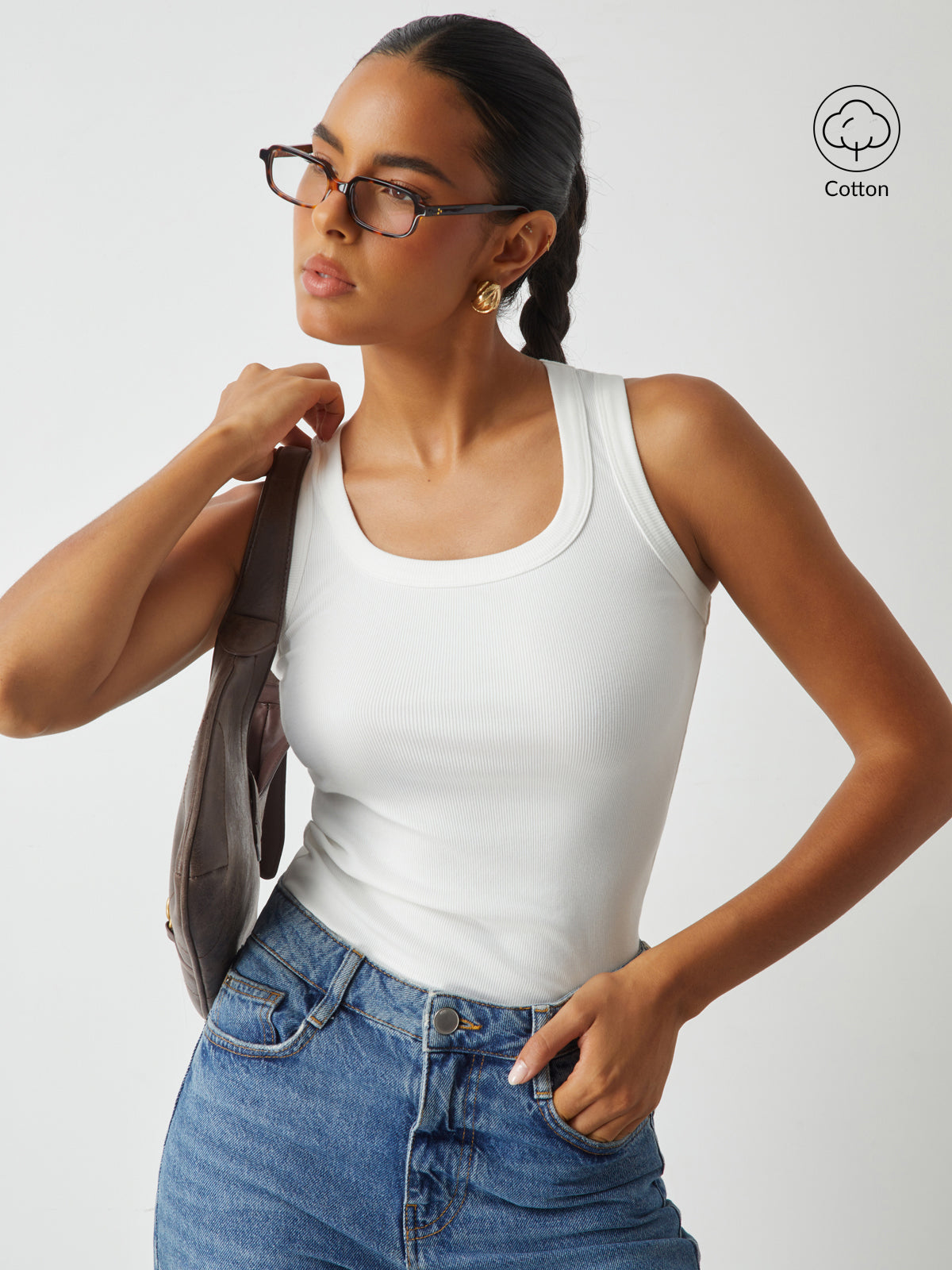 Çizgili Örgülü Bisiklet Yaka Kolsuz Üst Beyaz