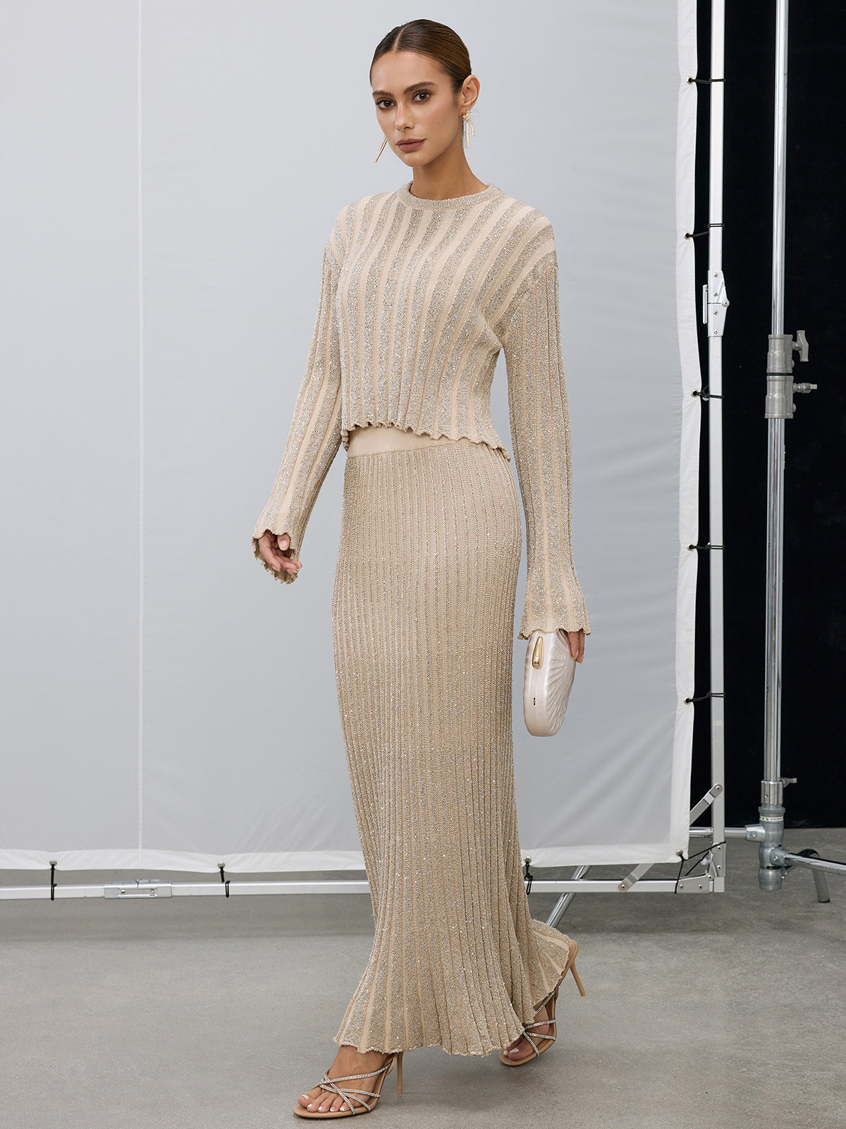 Parıltılı Doku Üstü ve Maksı Etek Takımı