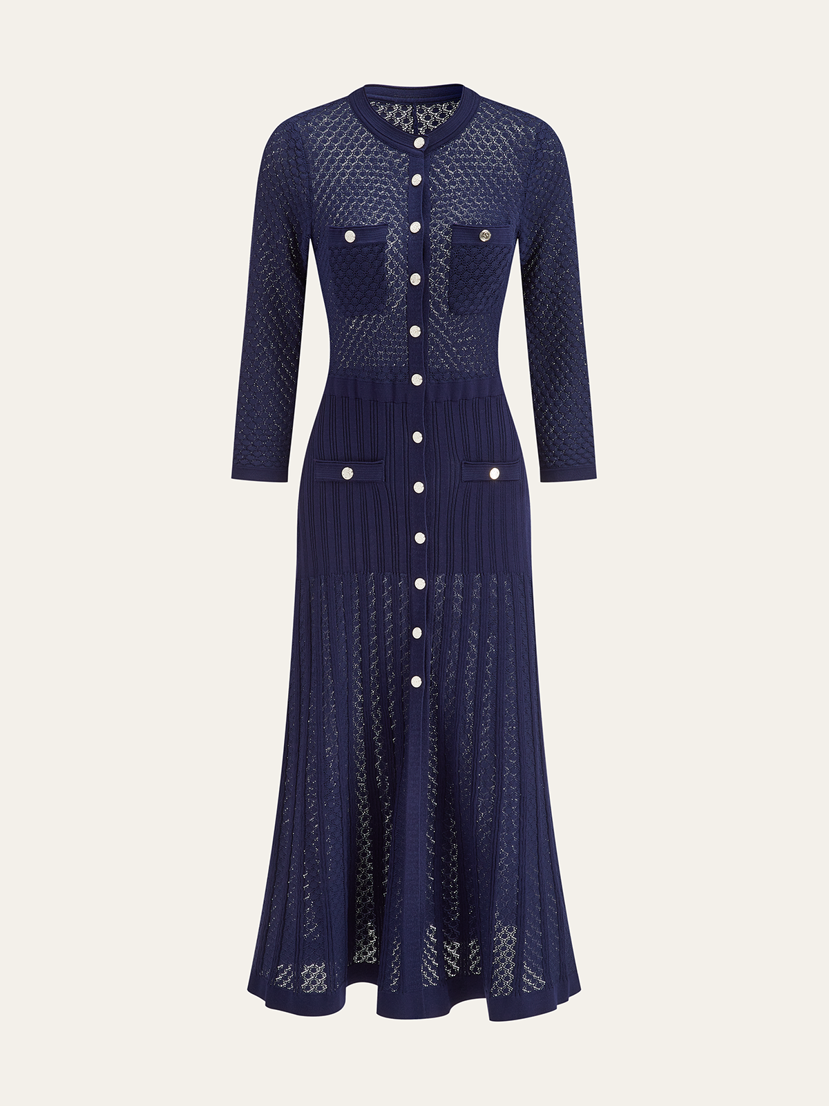 Düğme Ön Şeffaf Örgü Maksi Elbise