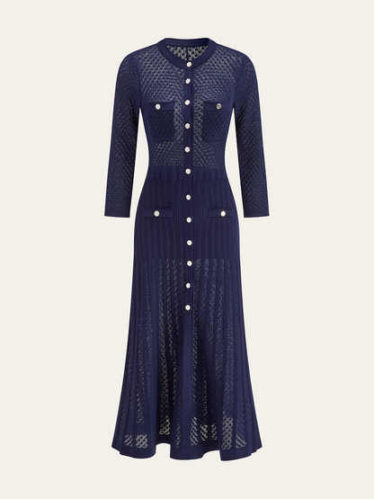 Düğme Ön Şeffaf Örgü Maksi Elbise