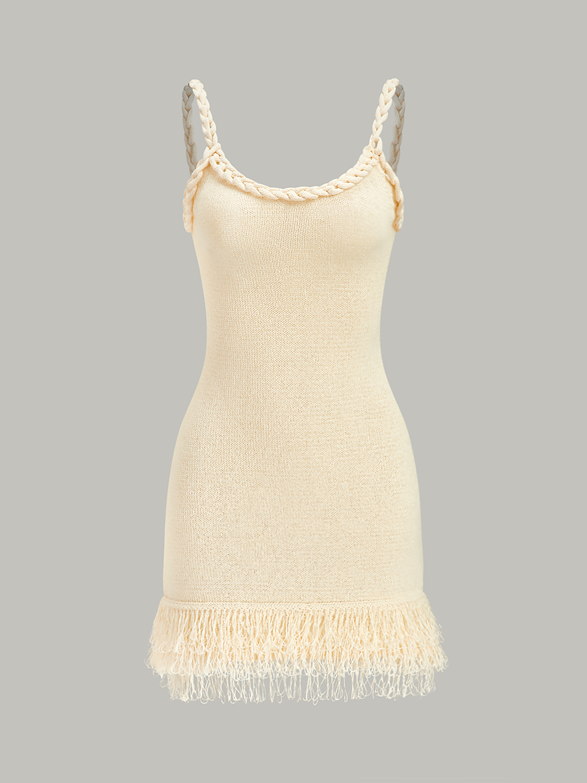 Örgülü İp Kayışı Püsküllü Kazak Elbise Ekru Slim Fit