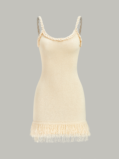 Örgülü İp Kayışı Püsküllü Etekli Kazak Elbise