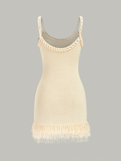 Örgülü İp Kayışı Püsküllü Etekli Kazak Elbise