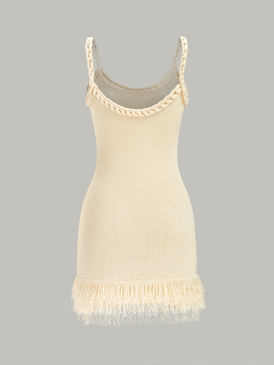 Örgülü İp Kayışı Püsküllü Etekli Kazak Elbise