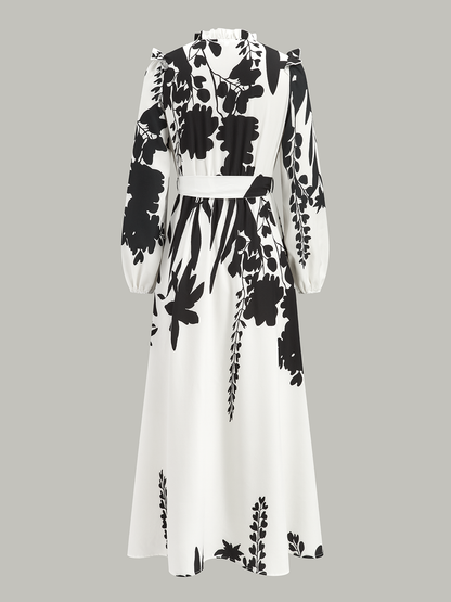 Fırfırlı Boynuk Kuşaklı Çiçek Desenli Maxi Elbise