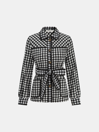 Kemerli Kareli Yaka Ceket