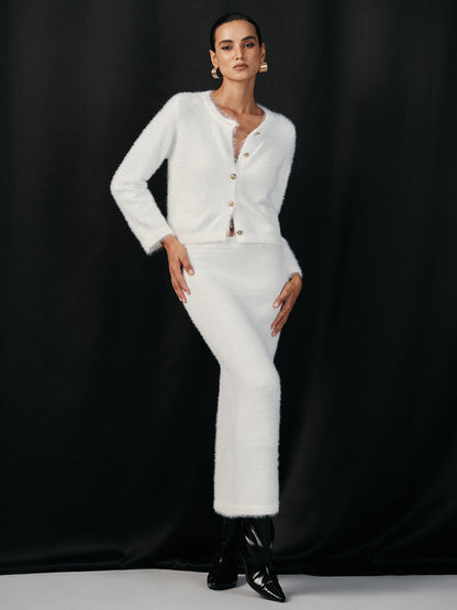 Füslü Metal Düğmeli Hırka ve Etek Takımı