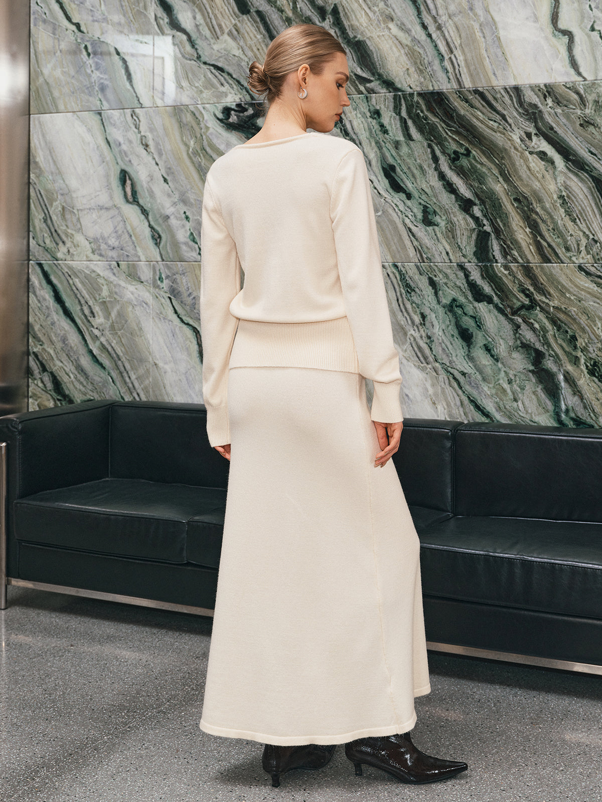 V Yaka Düğmeli Triko Hırka Maxi Etek Takımı Ekru
