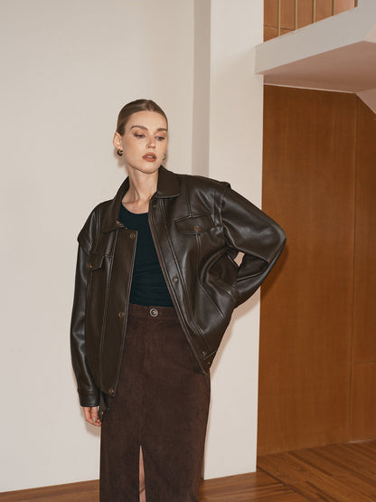 Şık Kadınlar ve Erkekler Lapele PU Deri Ceket - Trendy Bir Görünüm İçin Mükemmel