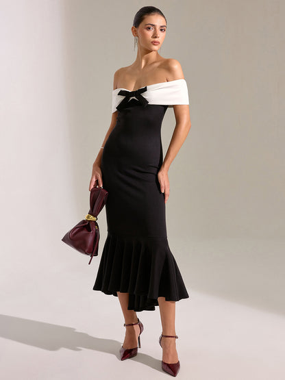 Omuz Açık Denizkızı Midi Elbise