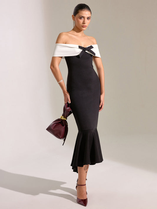 Omuz Açık Denizkızı Midi Elbise