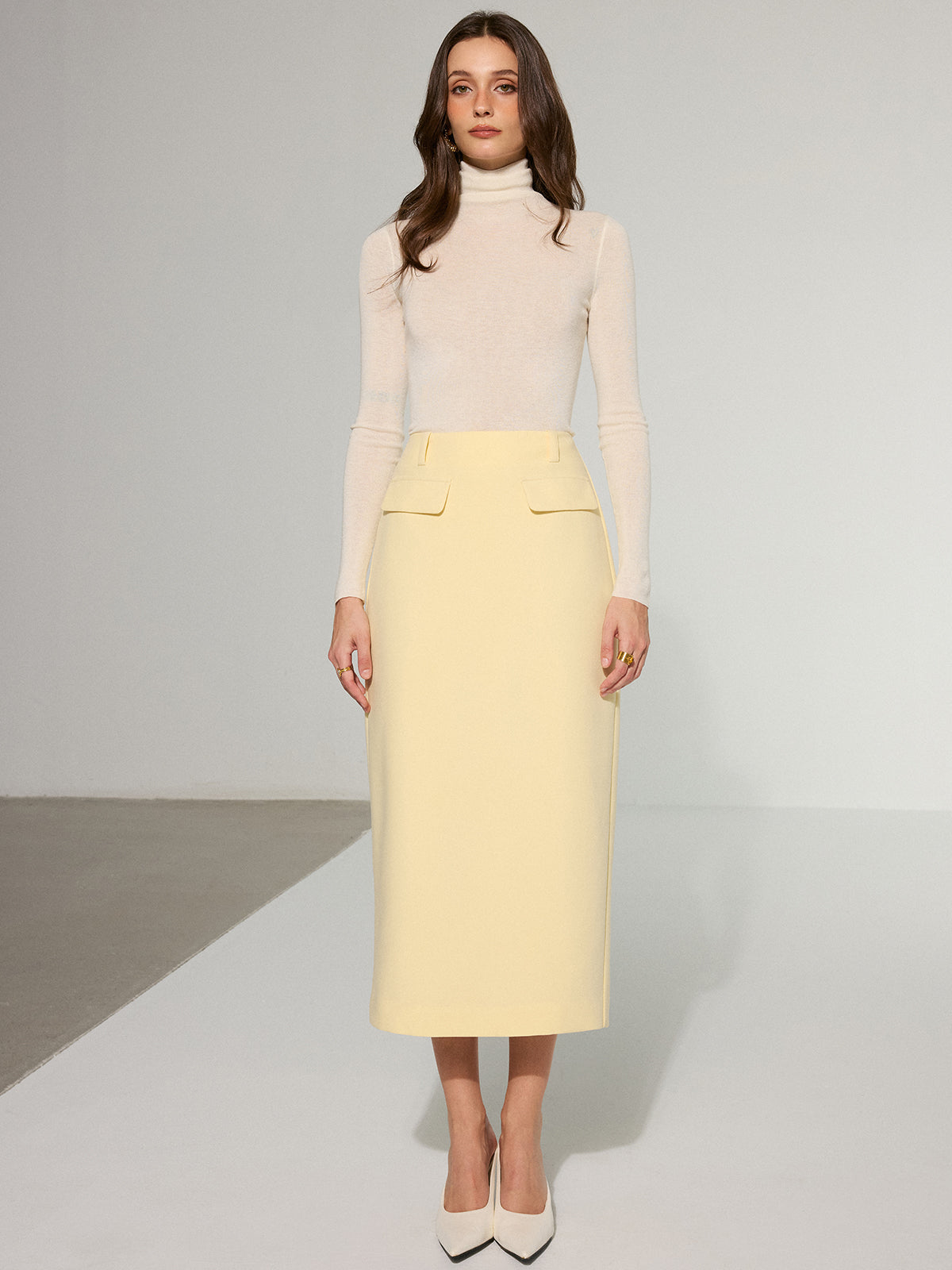 Dekor Cepli Arka Yırtmaçlı Midi Etek