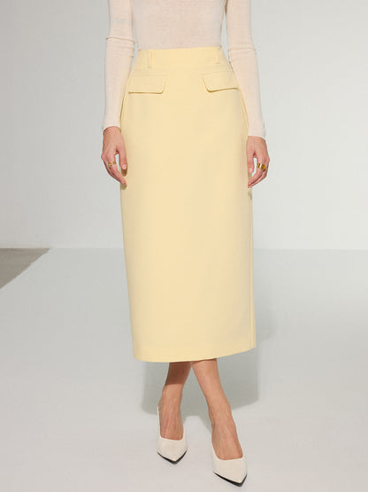 Dekor Cepli Arka Yırtmaçlı Midi Etek