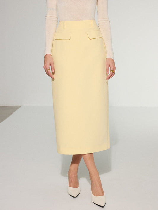 Dekor Cepli Arka Yırtmaçlı Midi Etek