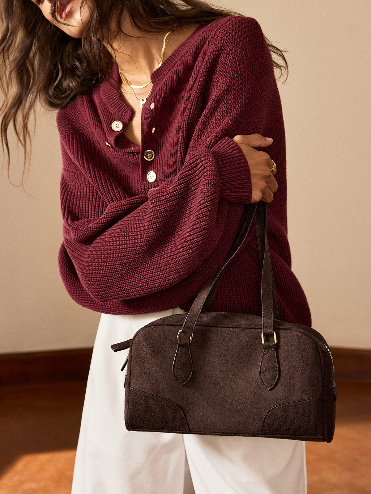 Retro Süet El Çantası Kahverengi Tek Beden