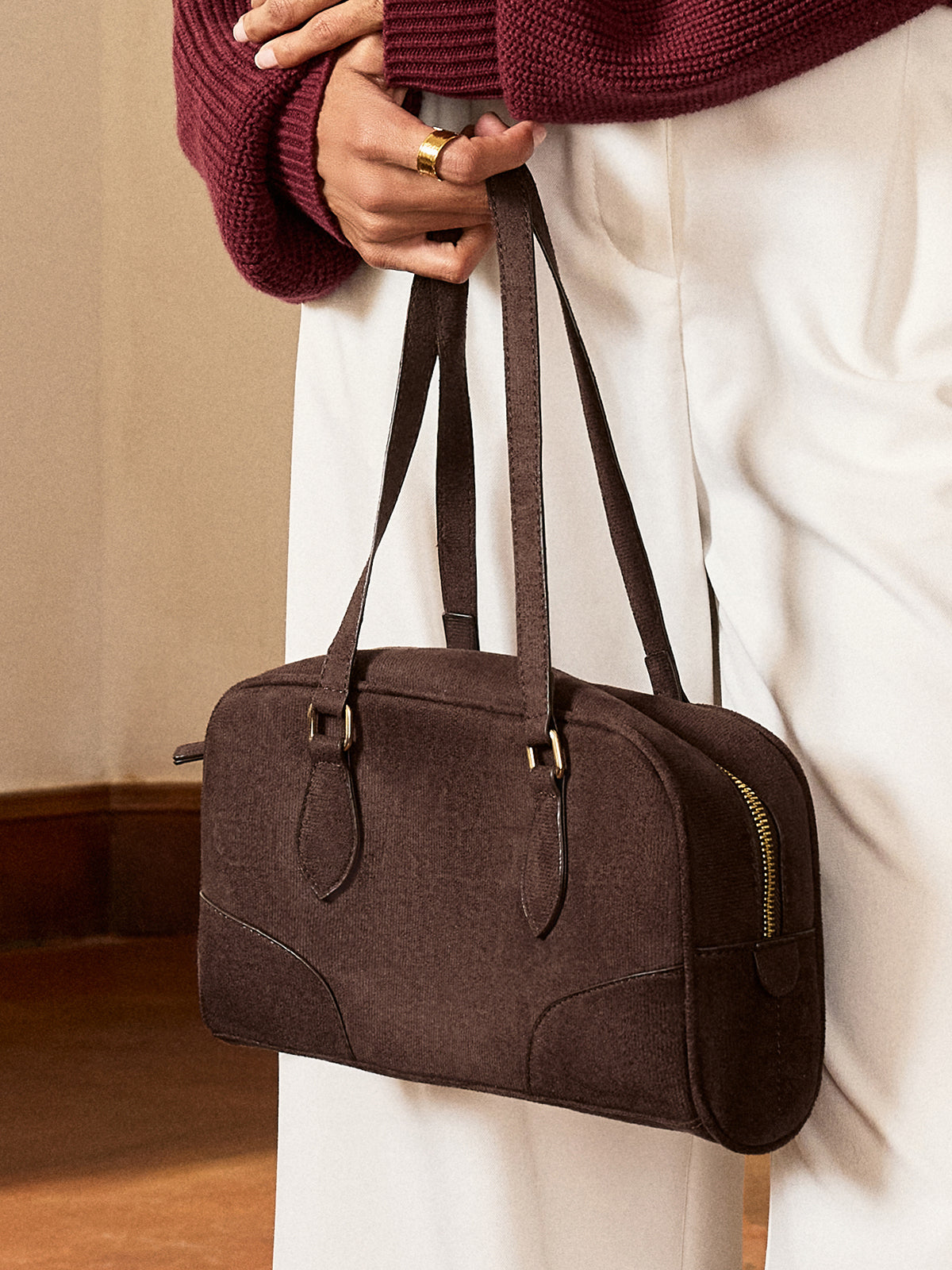 Retro Süet El Çantası Kahverengi Tek Beden