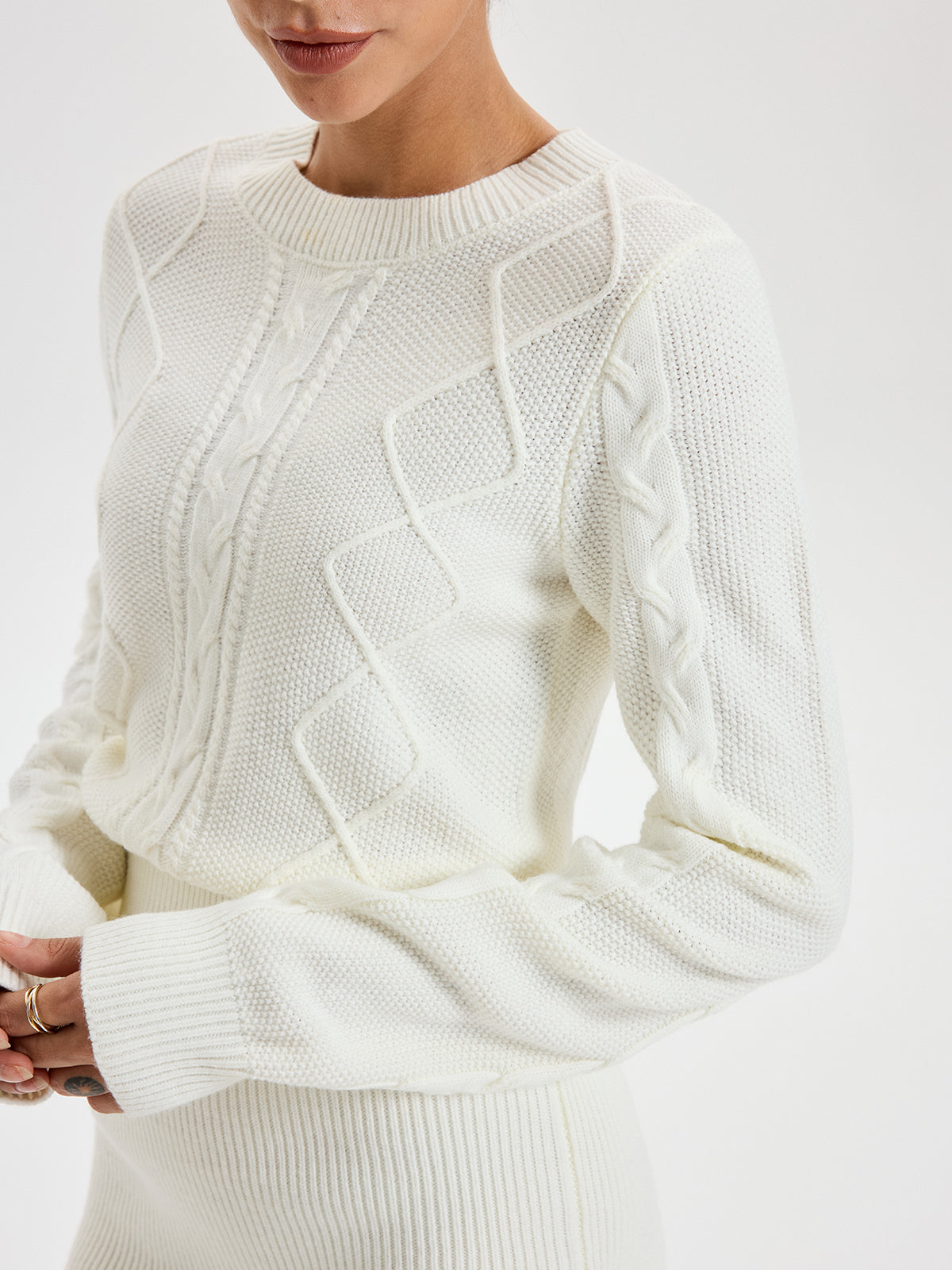 Kablo Örgü Bisiklet Yaka Triko Elbise Beyaz Kısa Kesim