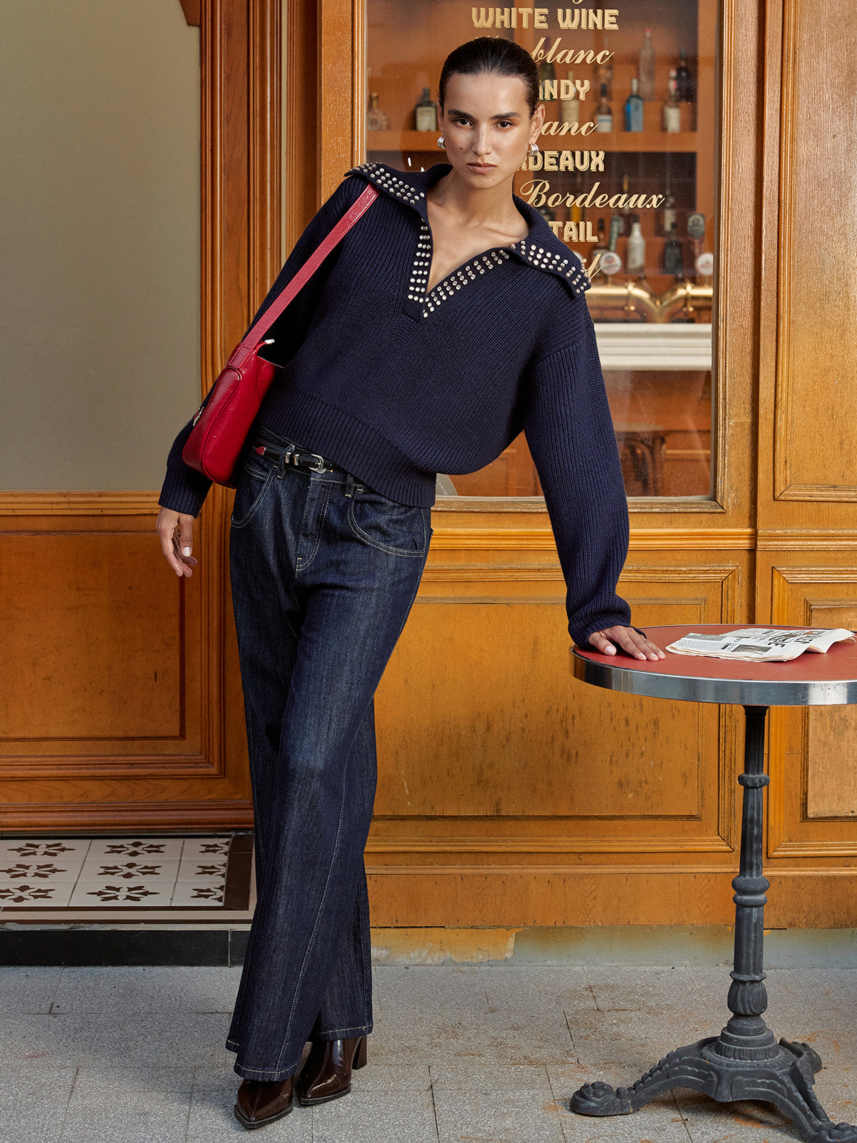 Çıktılı Yaka Yün Karışımlı V Yaka Kazak Lacivert