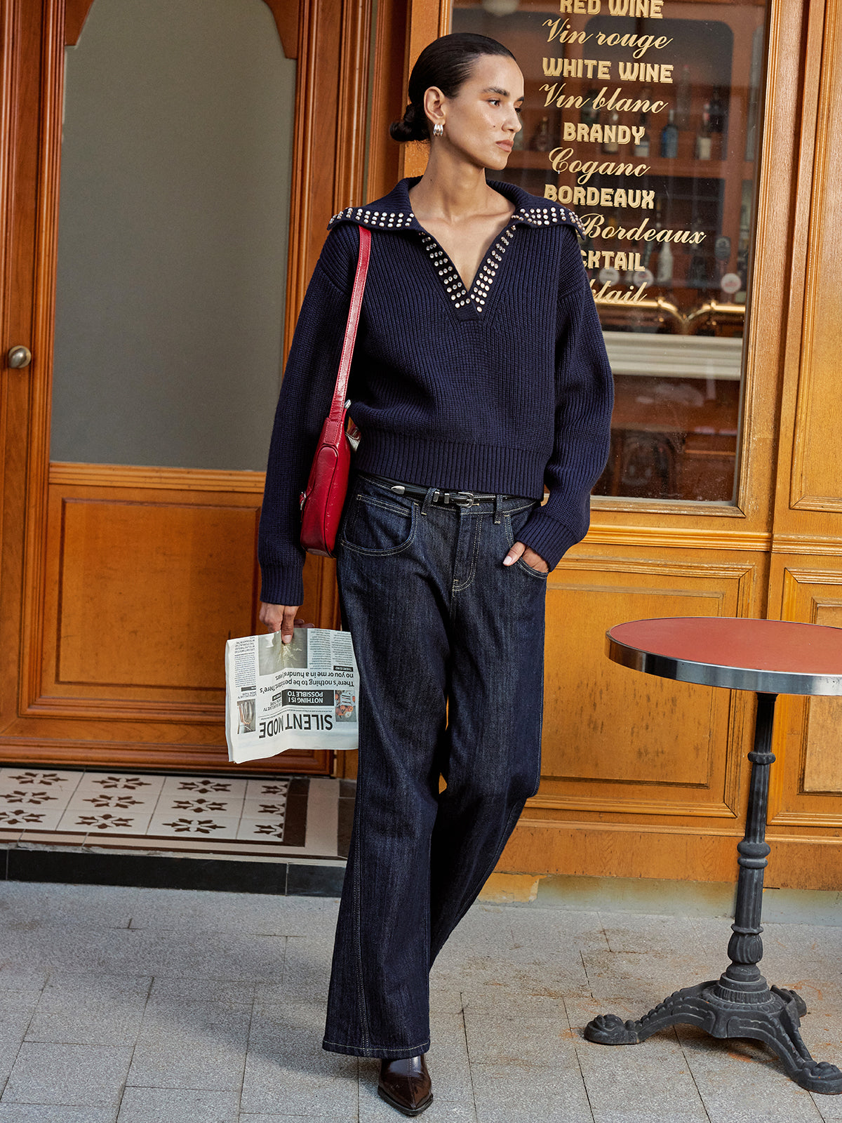 Çıktılı Yaka Yün Karışımlı V Yaka Kazak Lacivert