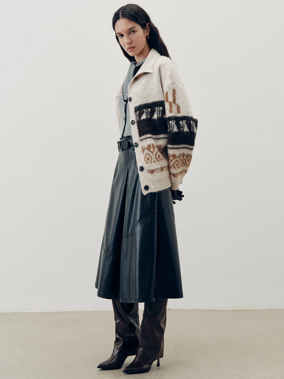 Jakard Triko Hırka Ekru Uzun Kollu Dış Giyim