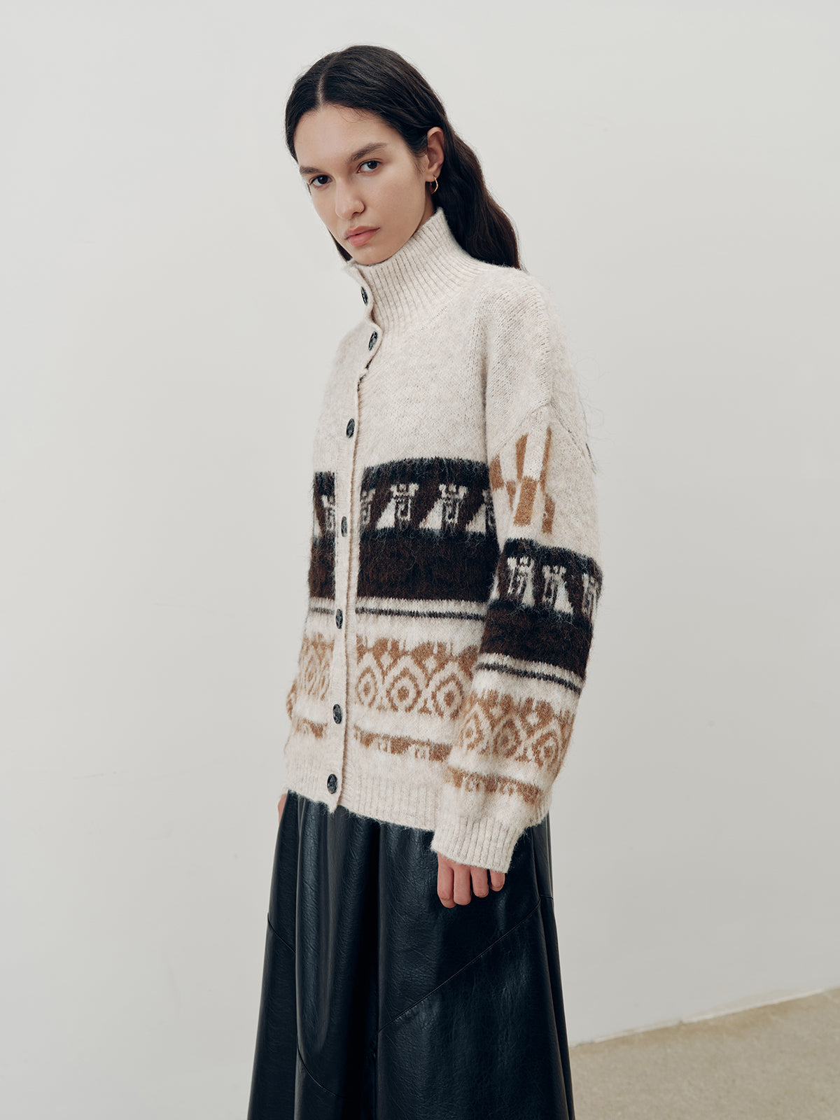 Jakard Triko Hırka Ekru Uzun Kollu Dış Giyim