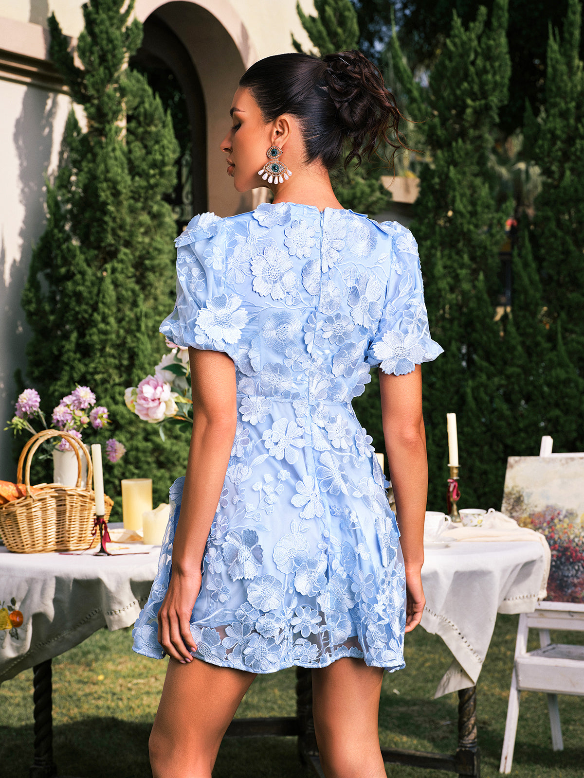 Mavi Kamuflaj V Yaka Çiçek İşlemeli Mini Elbise