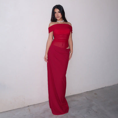 Maisy | Omuzları Açık Dalgıç File Uzun Elbise