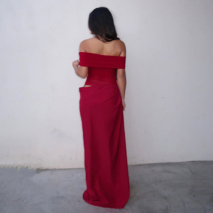 Maisy | Omuzları Açık Dalgıç File Uzun Elbise