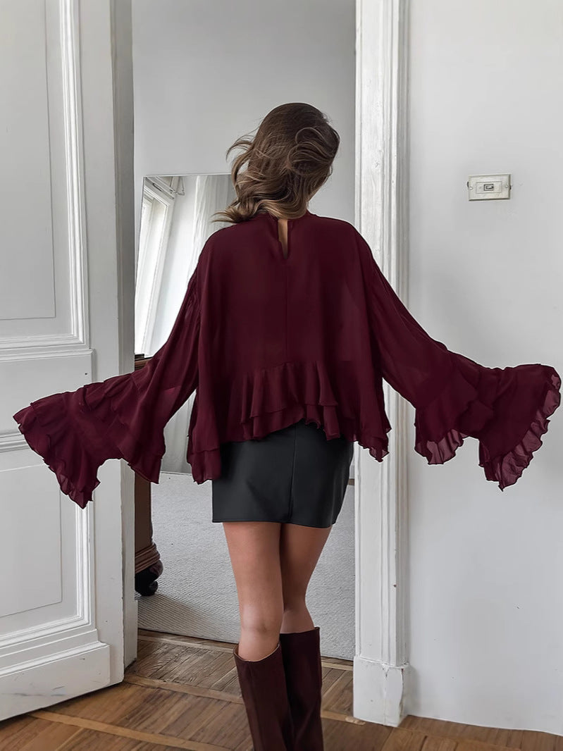 Şeffaf Turtleneck Volanlı Şifon Bluz