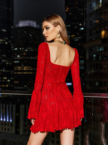 Lowell Kare Yaka Çiçekli Mini Elbise Kırmızı