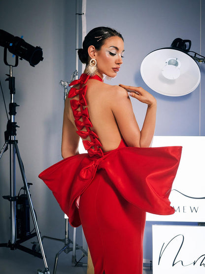 Milada Kuyruklu Bandaj Bölünmüş Kırmızı Elbise