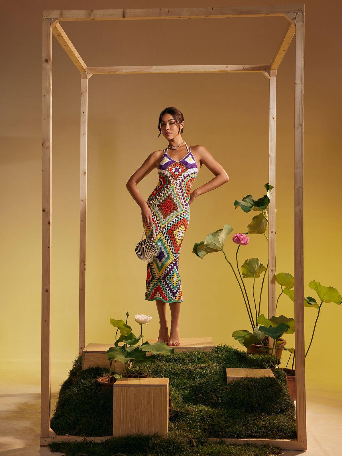 Monroe İspagetti Baskılı Boş Çözgü Örgü Elbise