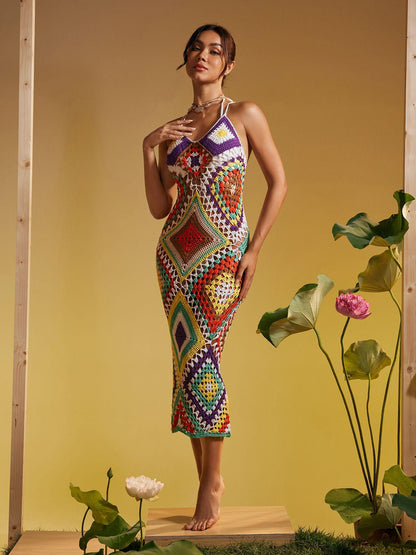 Monroe İspagetti Baskılı Boş Çözgü Örgü Elbise